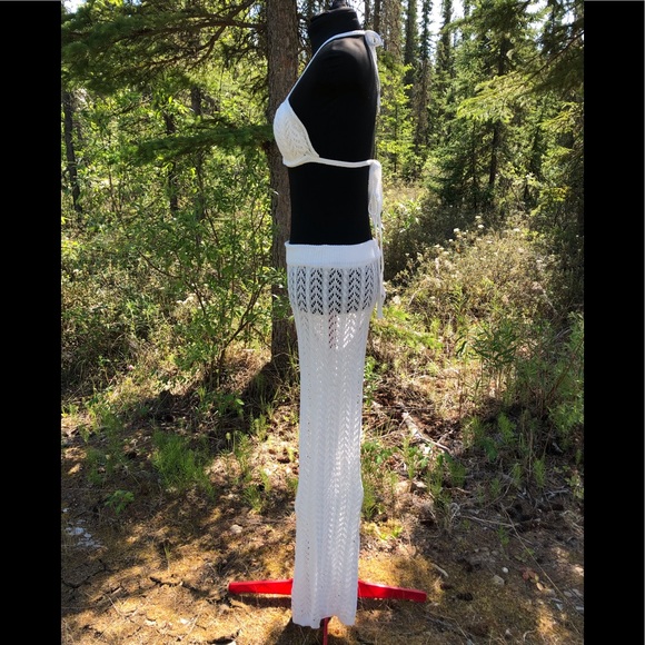 NEW White Stretch Knit Pant Crop Top Set Summer Loungewear Beach One Size XS/S - Picture 2 of 12